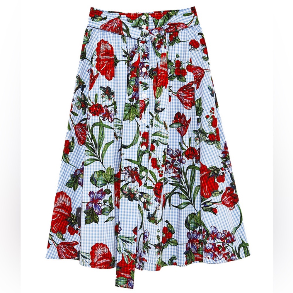 ZARA Woman Midi Skirt in Blue Checkered and Red Flowers Print